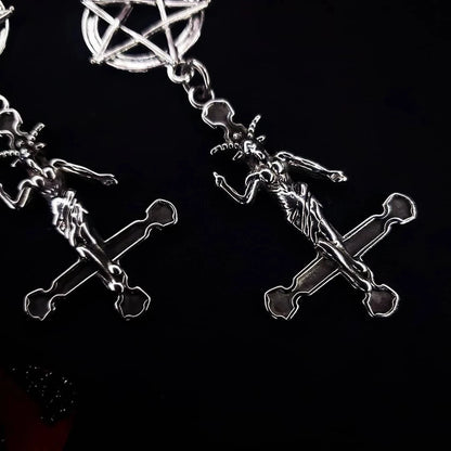 Goth punk inverted pentagram Baphomet earrings with dark art design, featuring metal earrings for goth fashion enthusiasts