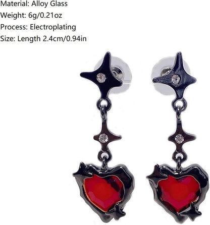 Vintage Gothic Earrings for Women Dangling Rhinestone Red Heart Black Earrings Vampire Costume Cosplay Halloween Party Accessories Jewelry