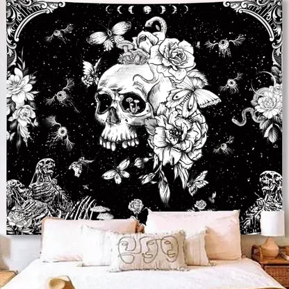 Black and White Gothic Tapestry for Bedroom Aesthetic, Skeleton Goth Witchy Tapestries Wall Hanging, Skull Floral Poster Backdrop for Living Gaming Room Dorm Decor 51In X 60In
