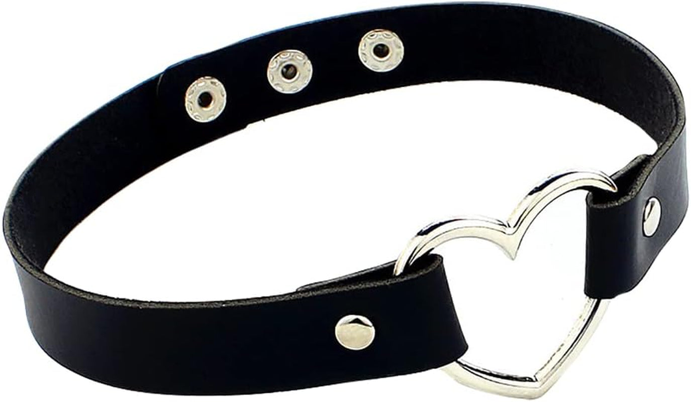 Heart Leather Choker Punk Necklace Goth Soft PU Collar for Women Men Girls Adjustable