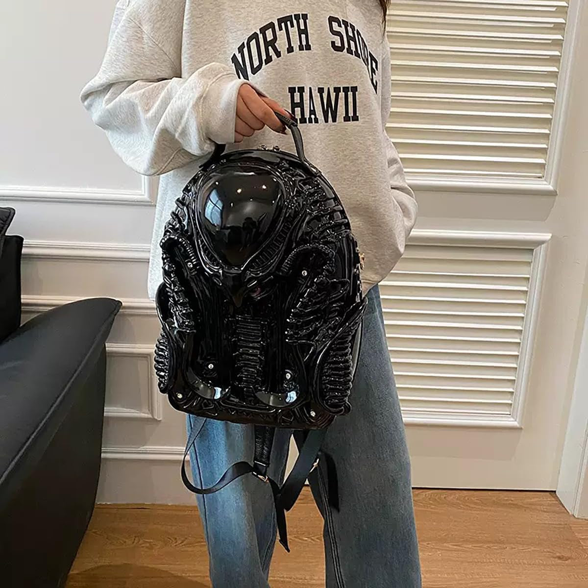 Black men's Goth Alien Y2K Xenomorph backpack by CerfoParlen featuring a stylish outdoor bag with alien and Xenomorph design.