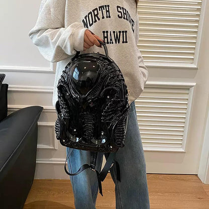 Black men's Goth Alien Y2K Xenomorph backpack by CerfoParlen featuring a stylish outdoor bag with alien and Xenomorph design.