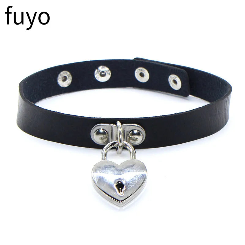 Sexy Goth Choker Necklace Men Punk Rock Heart Geometry PU Necklace for Women Choker Gothic Bondage Goth Jewelry Chocker Neck