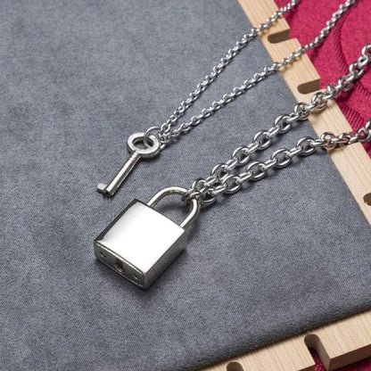 Stainless Steel Lock Key Pendant Necklace Long Chain Punk Multilayer Statement Choker Necklaces for Women Men Boy Girls