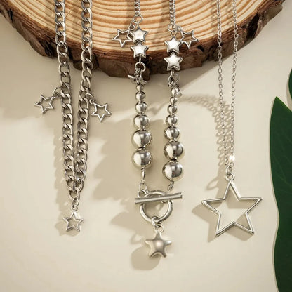 Vintage silver star OT buckle pendant choker necklace set with gothic aesthetic for women, featuring three stylish jewelry pieces.