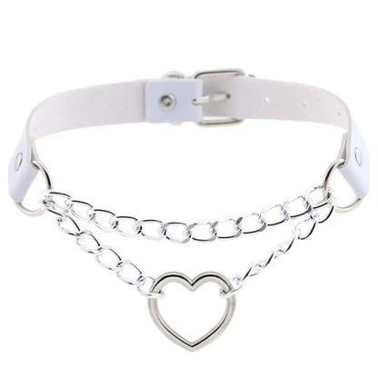 Black leather gothic heart choker necklace with chain detail, perfect for punk and emo styles.