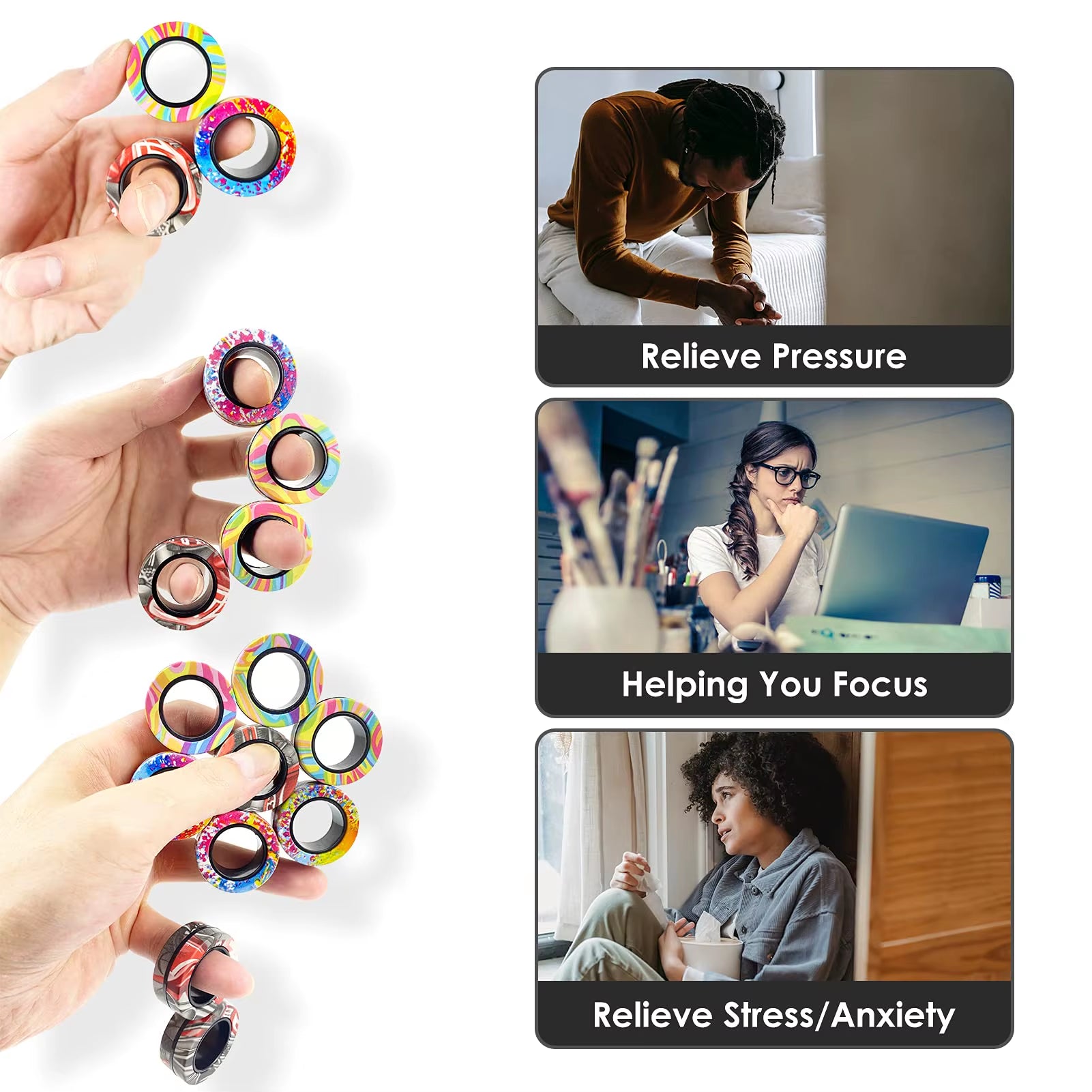 Magical 3Pcs Fidget Spinner Magnetic Ring Set - Stress Relief Toys for Adults & Kids, Perfect for Anxiety Management!