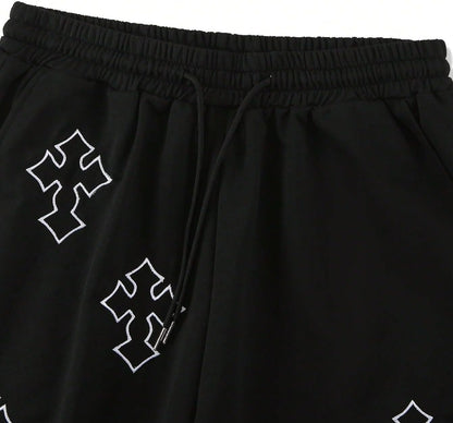 Men's Gothic Cross graphic workout shorts by VIPWOLF, featuring a black drawstring and stylish design for running and exercise.
