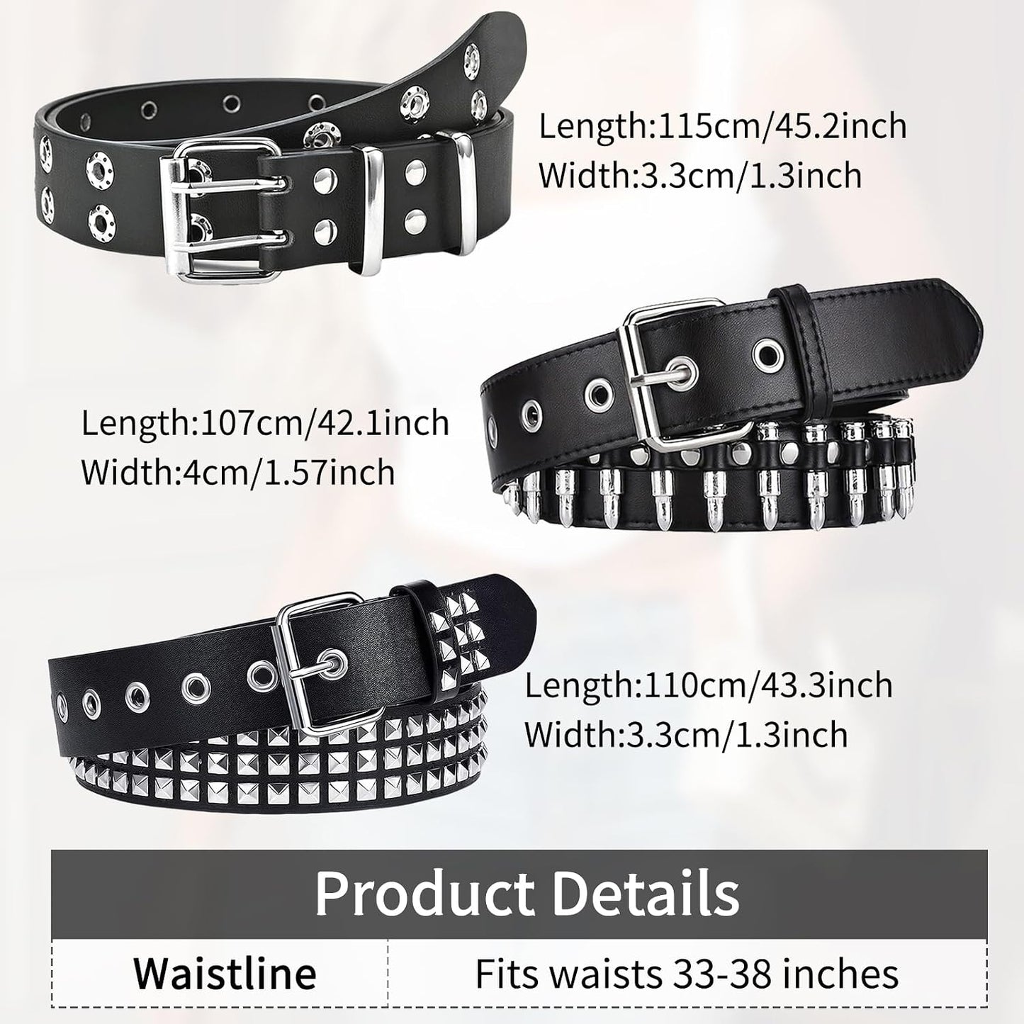 Stylish 3-piece studded Y2K emo goth punk rock belt set with bullet details for men and women, featuring edgy metal accents.