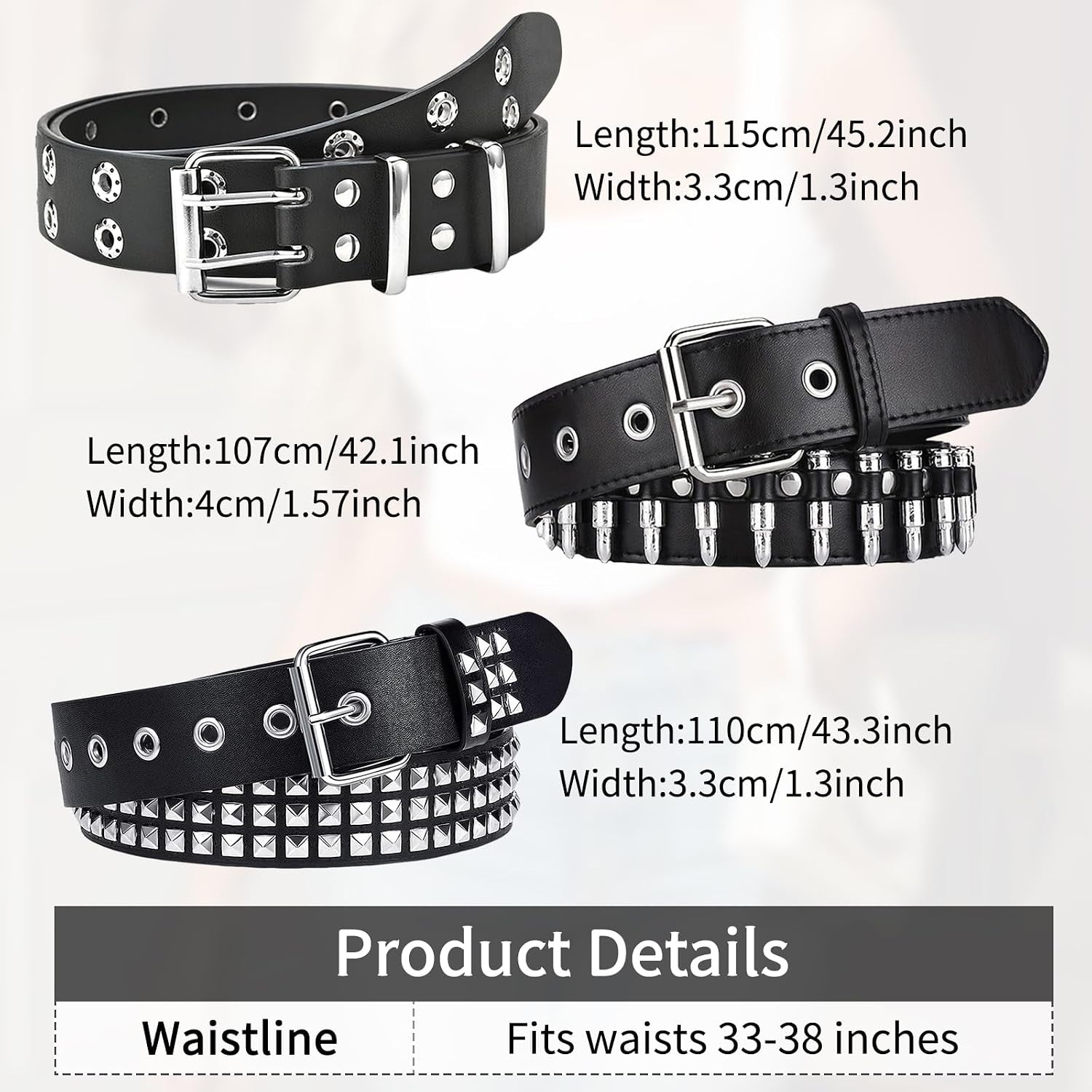 Stylish 3-piece studded Y2K emo goth punk rock belt set with bullet details for men and women, featuring edgy metal accents.
