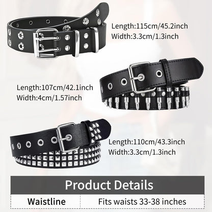 Stylish 3-piece studded Y2K emo goth punk rock belt set with bullet details for men and women, featuring edgy metal accents.
