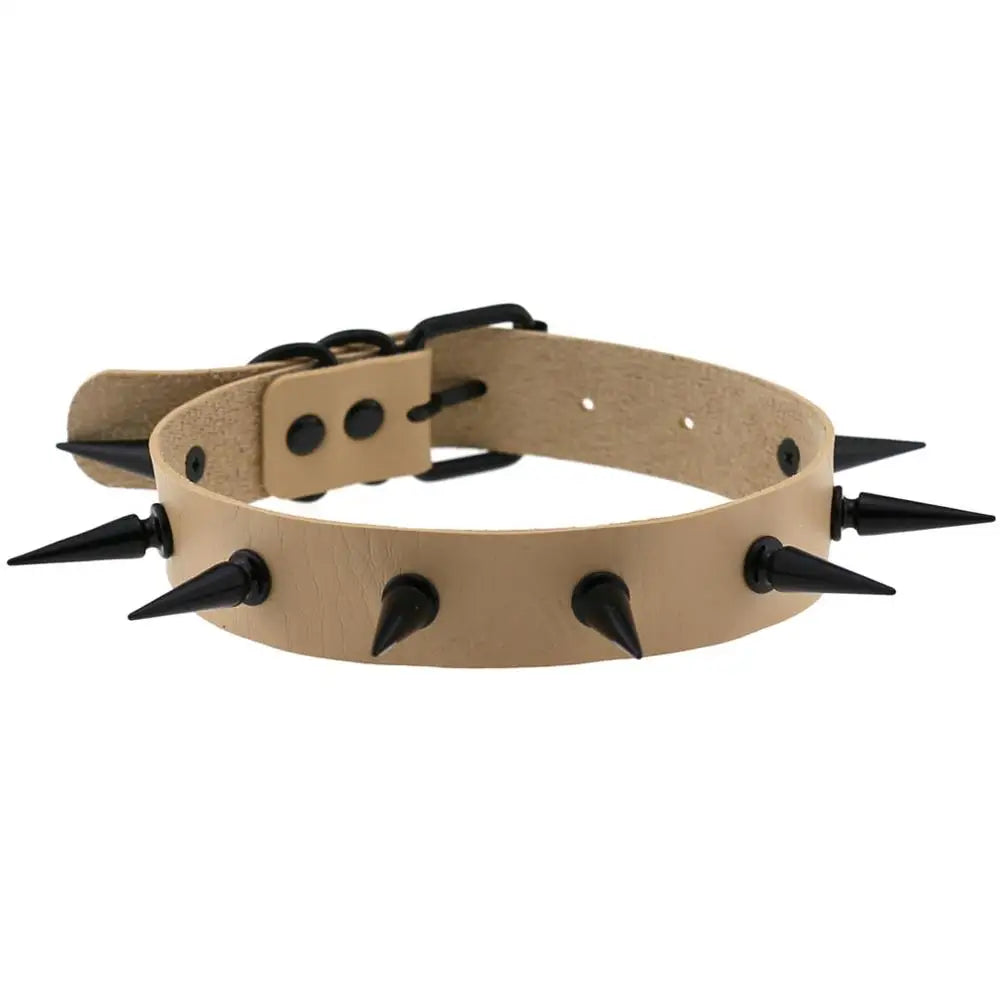 Black vegan leather choker necklace with silver spikes, ideal for goth, witch, and cosplay styles, shown on a mannequin.