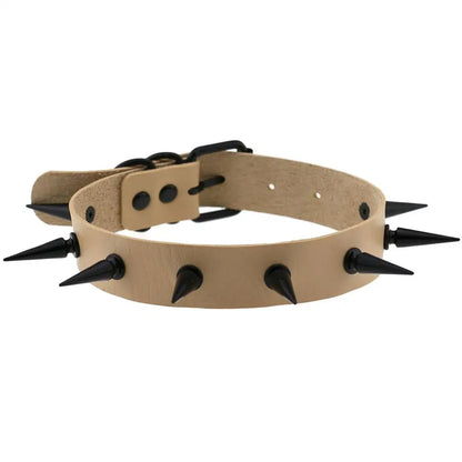 Black vegan leather choker necklace with silver spikes, ideal for goth, witch, and cosplay styles, shown on a mannequin.
