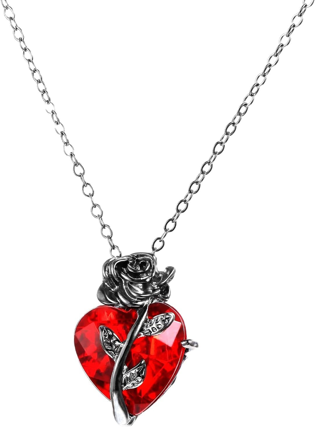 Mabor Gothic rose red heart pendant necklace with edgy emo grunge style, featuring a detailed heart charm on a black chain.