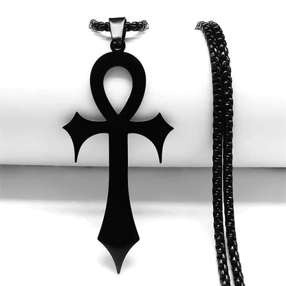 Gothic Egyptian Ankh necklace in stainless steel with black finish, featuring the Key of Life amulet, ideal for religious jewelry.