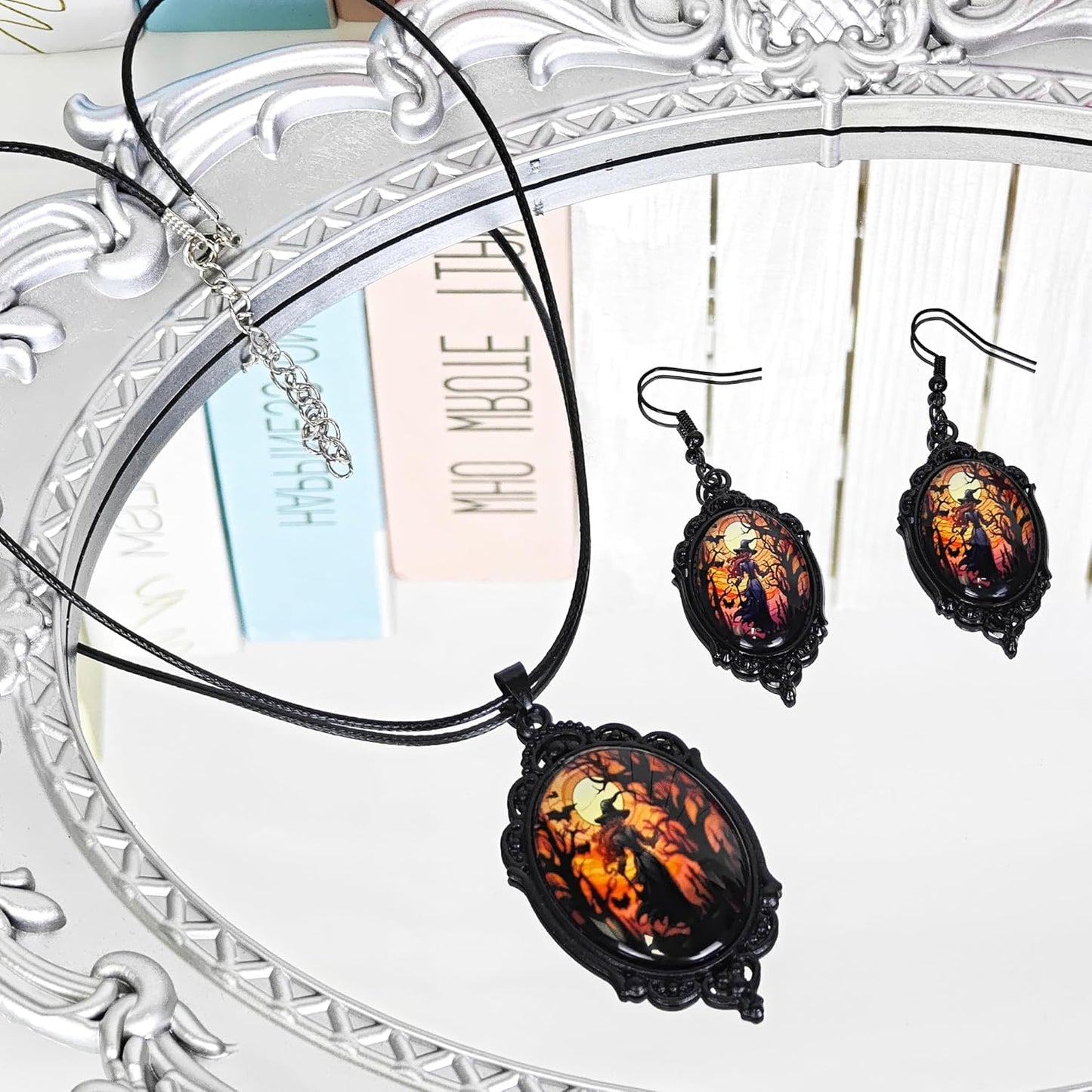 Mystic Witch Gothic Bat Glass Pendant Necklace, Victoria Cameo Black Stainless Steel Rope Chain Witchy Jewelry Choker with Earrings for Women for Halloween