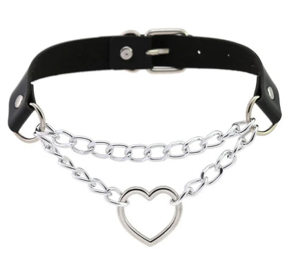 Black leather gothic heart choker necklace with metal chain for punk and emo styles, featuring a bold heart pendant.