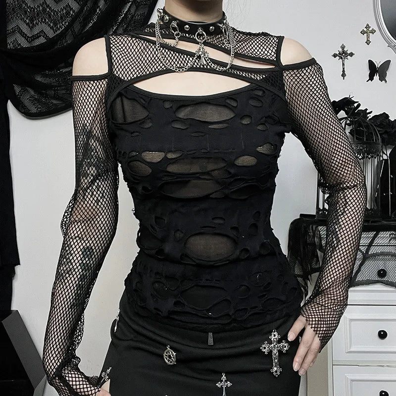 Edgy Frayed Mall Gothic Fishnet Long Sleeve Blouse - Sexy Grunge Punk Streetwear Top for Women