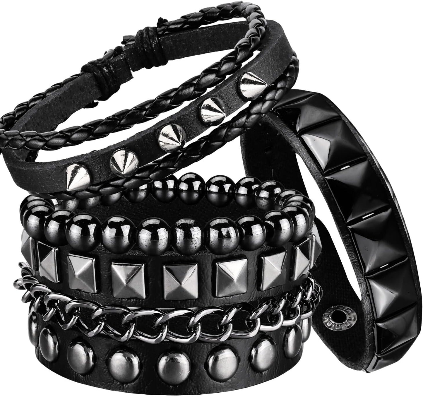 4 Pcs Punk Rock Leather Studded Bracelets for Men Women 80S Gothic Spike Cuff Bracelet Set Emo Accessories for Rocker Outfits