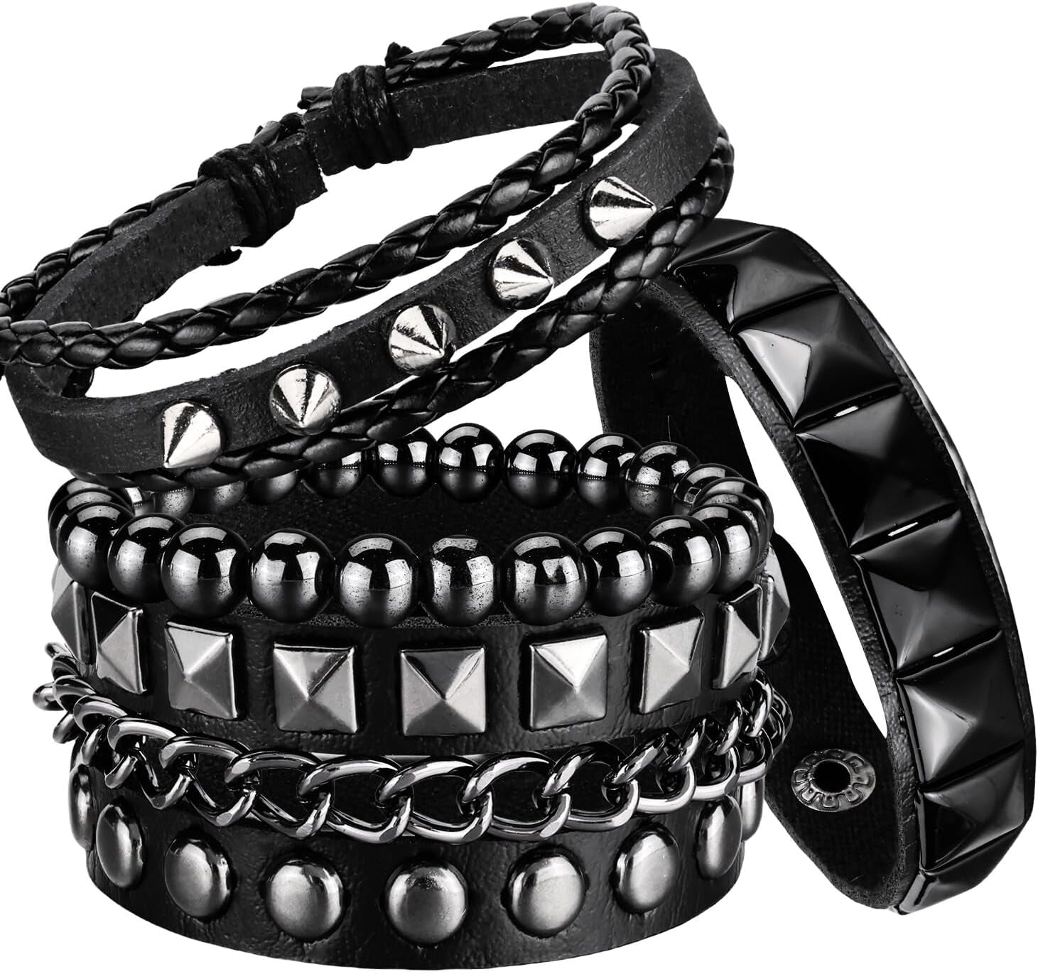 4 Pcs Punk Rock Leather Studded Bracelets for Men Women 80S Gothic Spike Cuff Bracelet Set Emo Accessories for Rocker Outfits