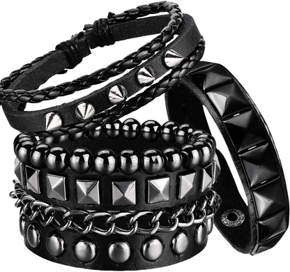 4 Pcs Punk Rock Leather Studded Bracelets for Men Women 80S Gothic Spike Cuff Bracelet Set Emo Accessories for Rocker Outfits