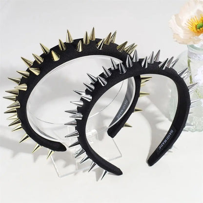 Silver and gold punk goth headband with rivet details, stylish hair accessory for women, suitable for cosplay and everyday wear.