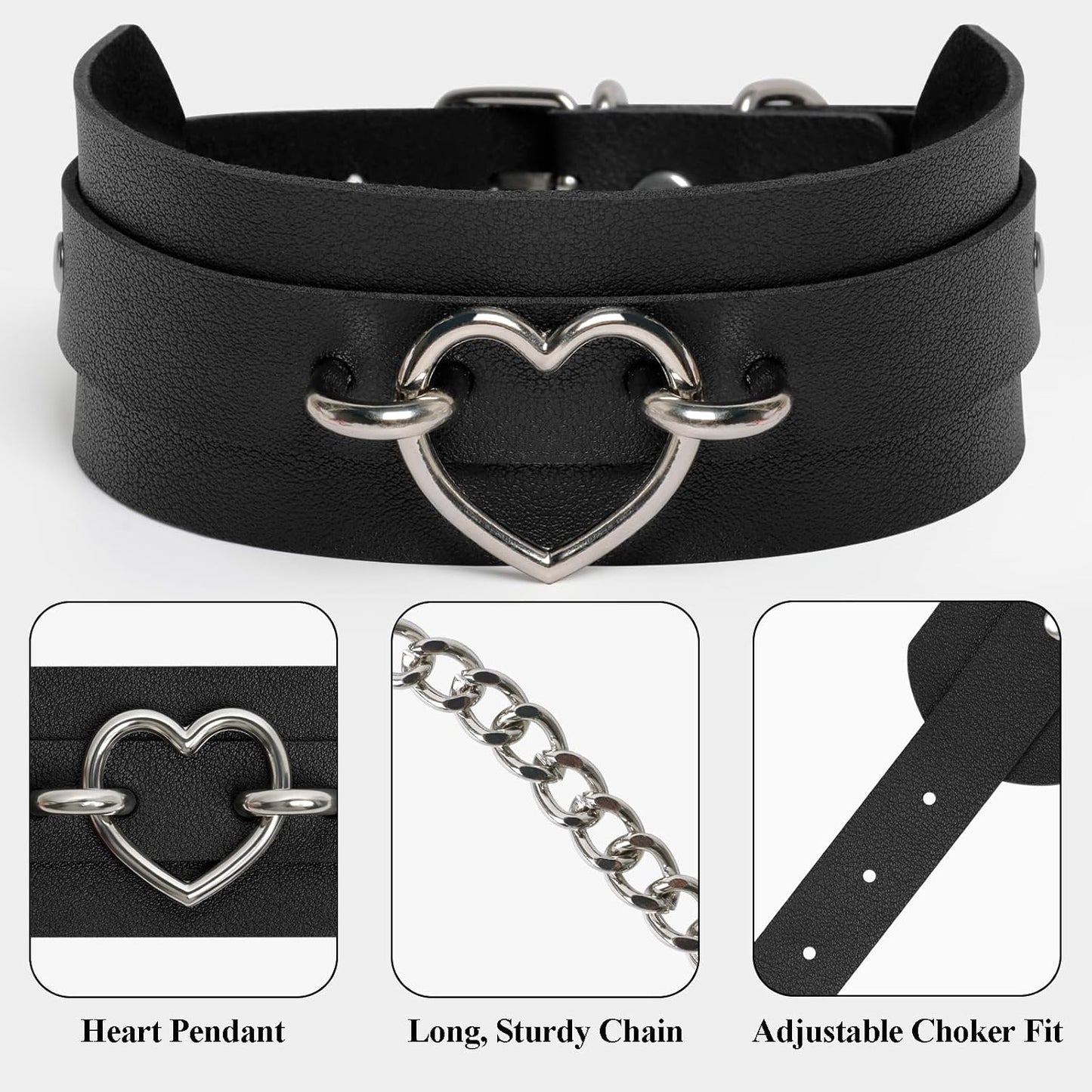 GIFTGRIN chic gothic leather choker necklace with metal details, perfect for punk fashion, rave, or Halloween cosplay.