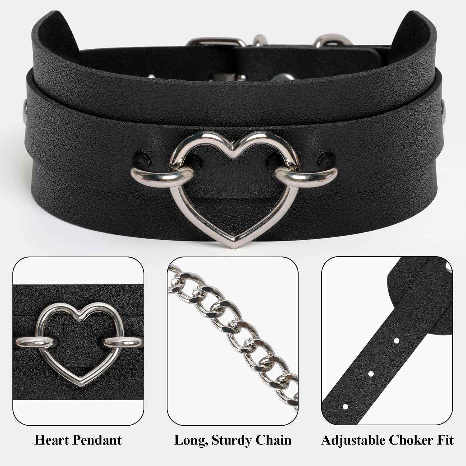 GIFTGRIN chic gothic leather choker necklace with metal details, perfect for punk fashion, rave, or Halloween cosplay.
