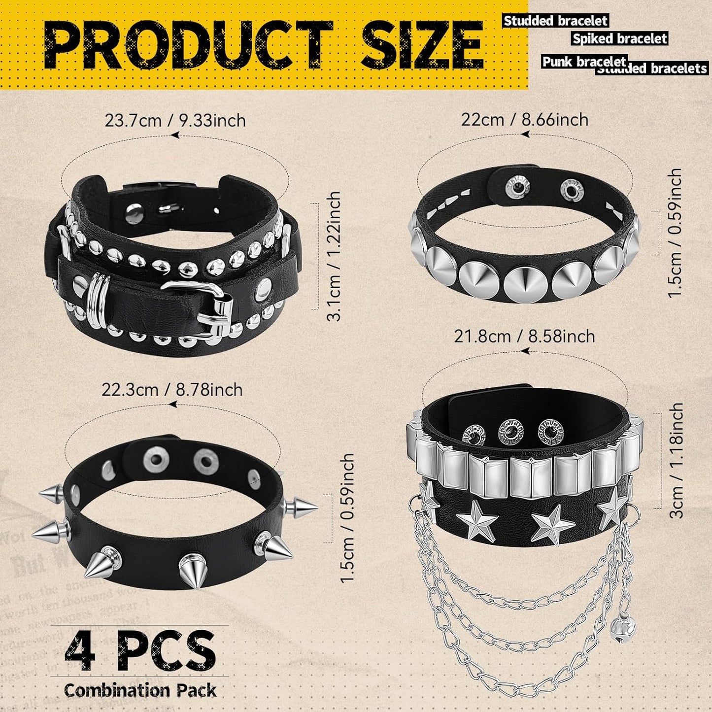 Spike Bracelet for Men & Women | Adjustable Black Leather Punk Bracelets with Studs & Rivets | Goth Rock Biker Wristband