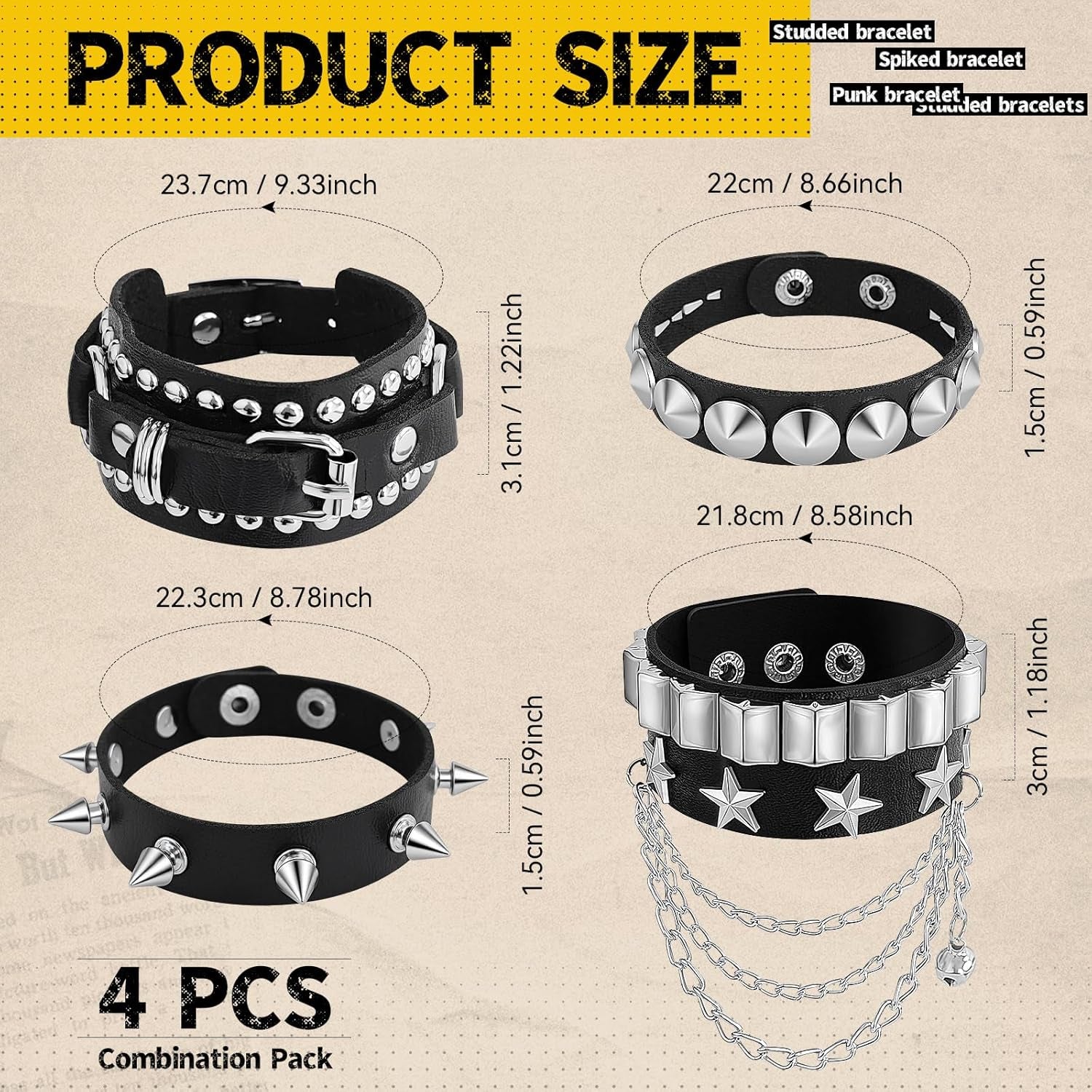Spike Bracelet for Men & Women | Adjustable Black Leather Punk Bracelets with Studs & Rivets | Goth Rock Biker Wristband