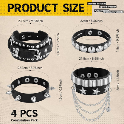 Spike Bracelet for Men & Women | Adjustable Black Leather Punk Bracelets with Studs & Rivets | Goth Rock Biker Wristband