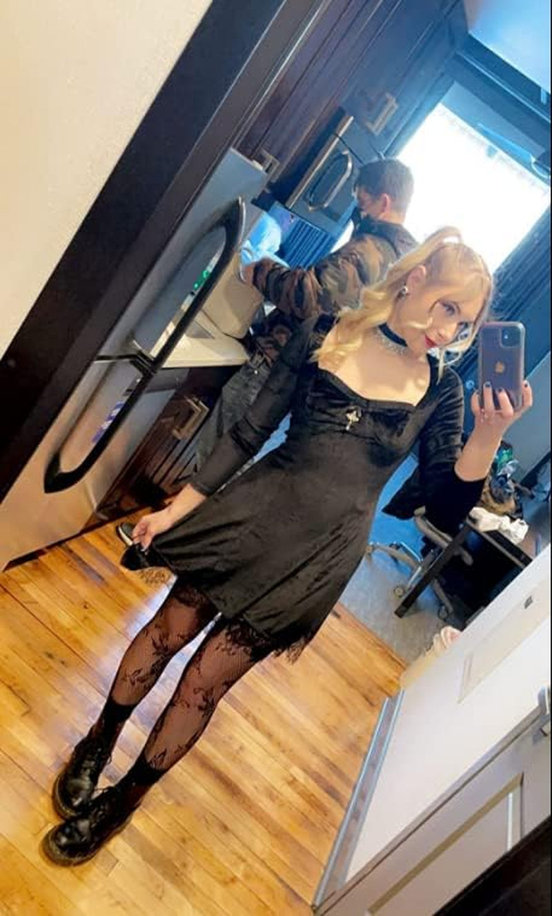 Gothic lace mini dress with sleeveless spaghetti straps, velvet fabric, A-line design, perfect for Halloween or summer events.