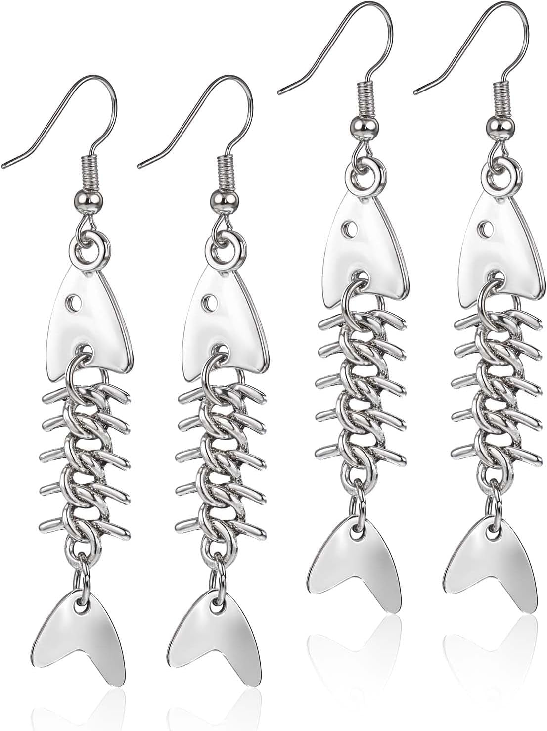 Pair of Yuanchu long fish bone dangle earrings in zinc alloy with punk goth style for women, featuring intricate fish bone design.
