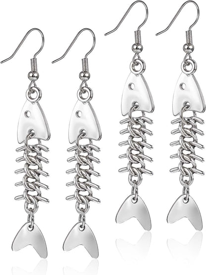 Pair of Yuanchu long fish bone dangle earrings in zinc alloy with punk goth style for women, featuring intricate fish bone design.