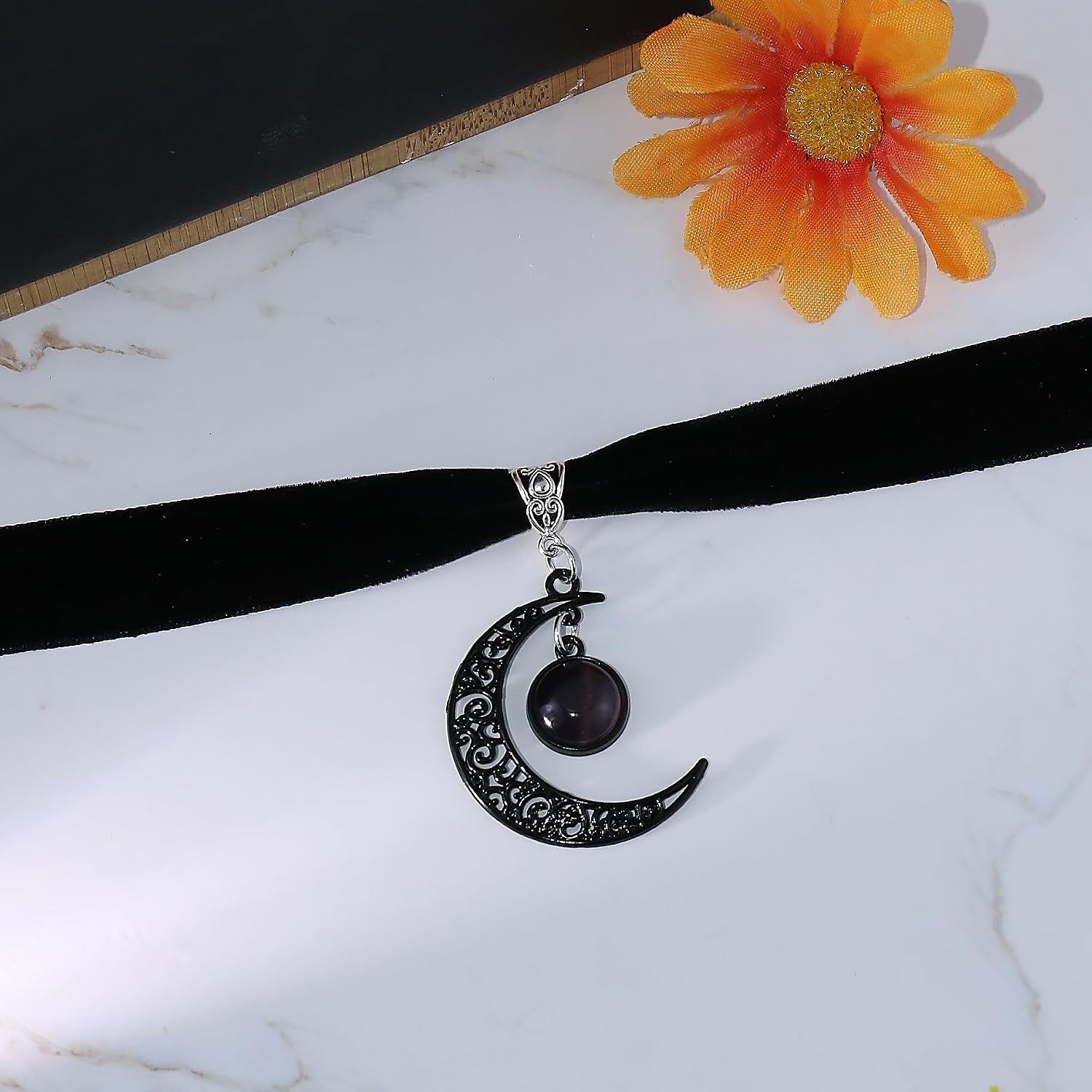 Gothic Black Velvet Moon Crystal Choker Necklace for Women,Black Choker Moon Necklace Vintage Punk Crescent Necklaces Goth Jewelry Witch Costume Accessories