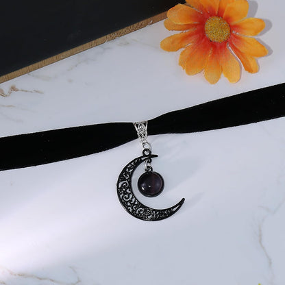 Gothic Black Velvet Moon Crystal Choker Necklace for Women,Black Choker Moon Necklace Vintage Punk Crescent Necklaces Goth Jewelry Witch Costume Accessories