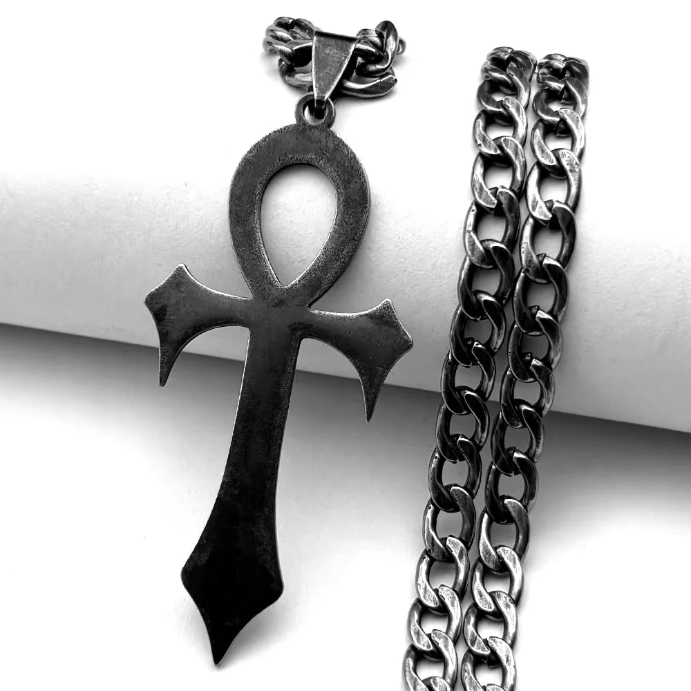 Black Gothic Egyptian Ankh necklace with stainless steel key of life amulet, featuring intricate design and religious symbolism.