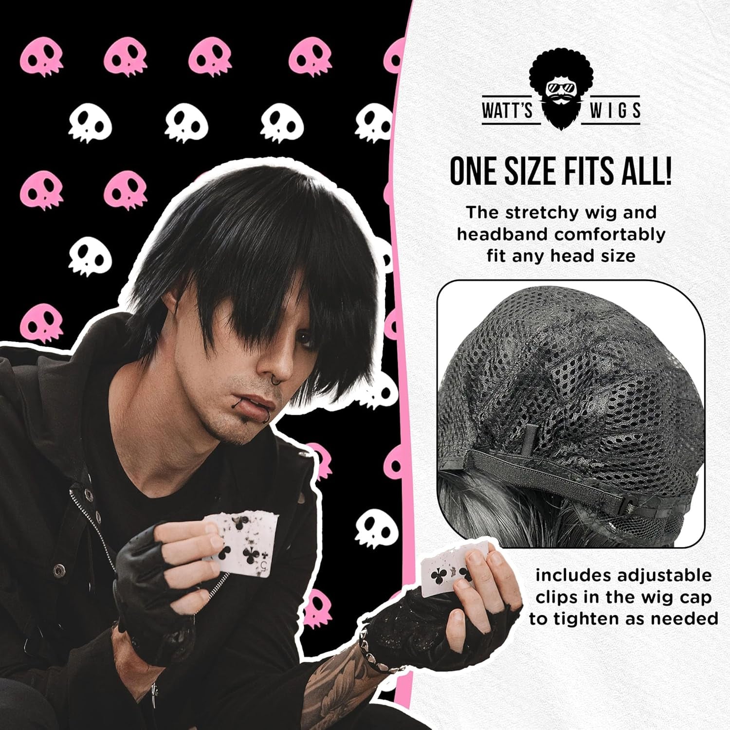 - Emo Costume Set for Men - 2000S Goth Pop Punk Scene Kid Party - Black Wig, Fake Piercings and Checkered Wristbands