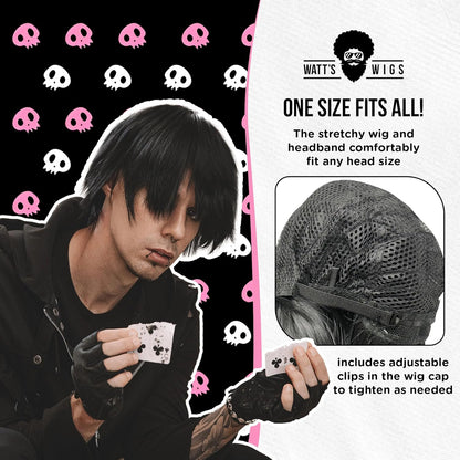 - Emo Costume Set for Men - 2000S Goth Pop Punk Scene Kid Party - Black Wig, Fake Piercings and Checkered Wristbands
