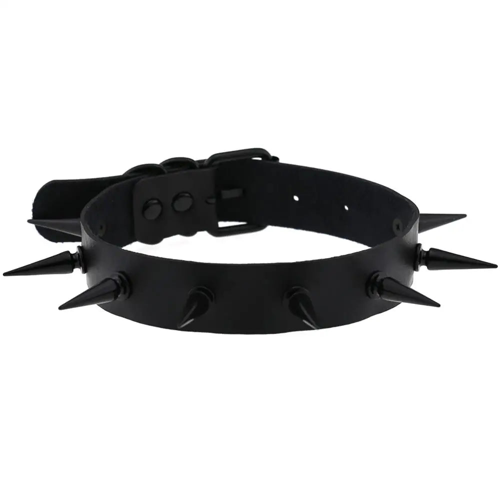 Black vegan leather choker necklace with metal spikes, ideal for goth, witch, and cosplay styles.