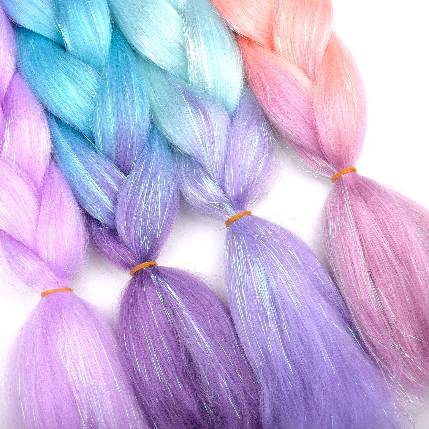 Rainbow Ombre Jumbo Braid Hair Glitter Tinsel Extensions - Sparkle Up Your Festival Look!