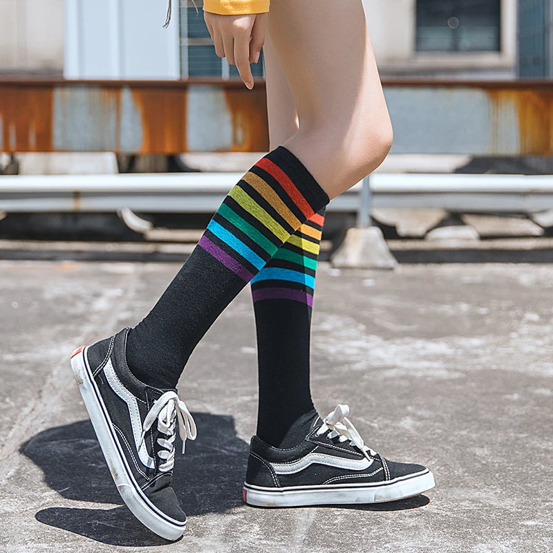 Gothic punk Harajuku star and moon knee socks with retro Y2K Ouija board design for women and girls, featuring bold celestial patterns.