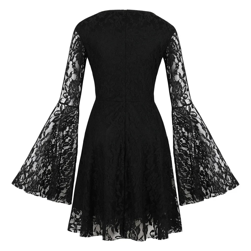 Gothic Glam vintage lace flare mini dress by PressureDen.store, featuring black lace details perfect for Halloween and parties.