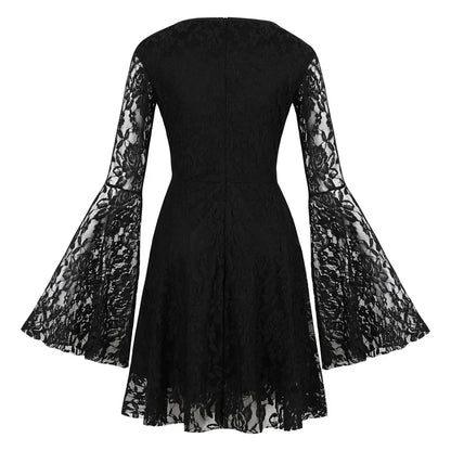 Gothic Glam vintage lace flare mini dress by PressureDen.store, featuring black lace details perfect for Halloween and parties.