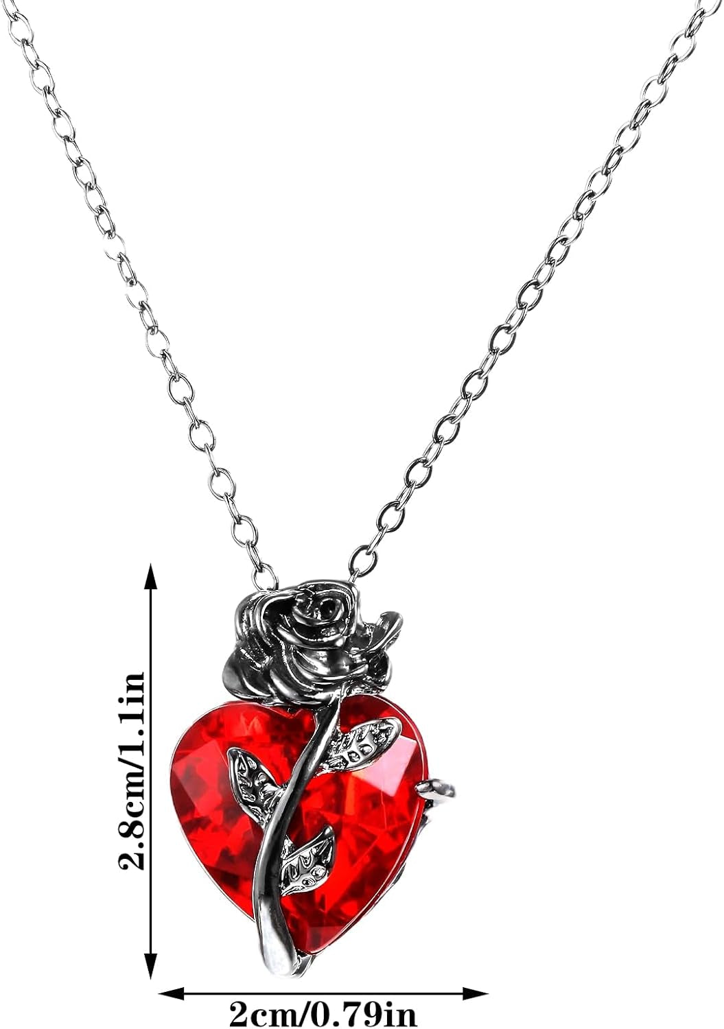 Mabor Gothic Rose Red Heart Pendant Necklace showcasing edgy emo grunge jewelry with a bold heart-shaped design.