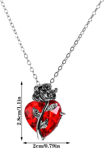 Mabor Gothic Rose Red Heart Pendant Necklace showcasing edgy emo grunge jewelry with a bold heart-shaped design.