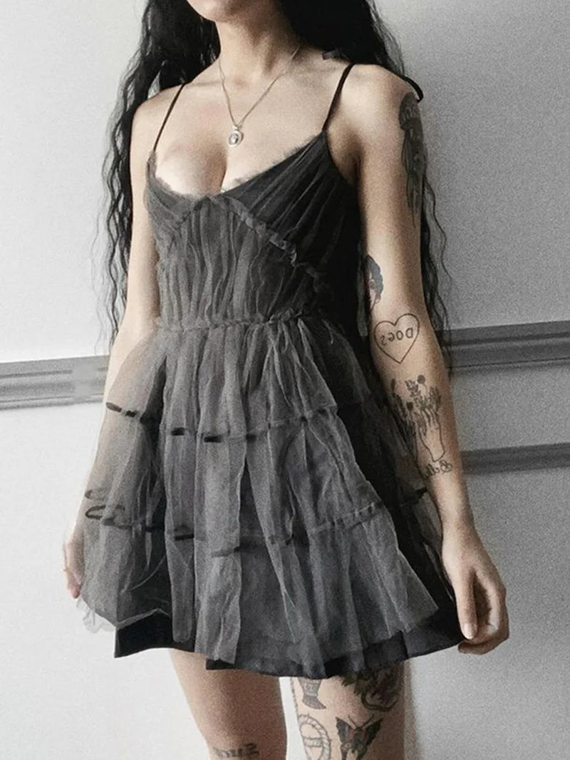 Dark gothic vintage dress with lace-up high waist and emo alt style, perfect for Y2K Harajuku goth party fashion.