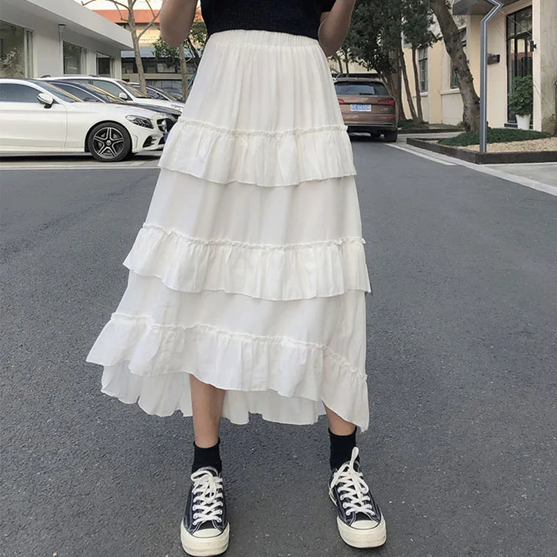 Gothic Lolita high waisted asymmetrical midi long skirt with ruffles, summer maxi skirt for women, black with layered design.