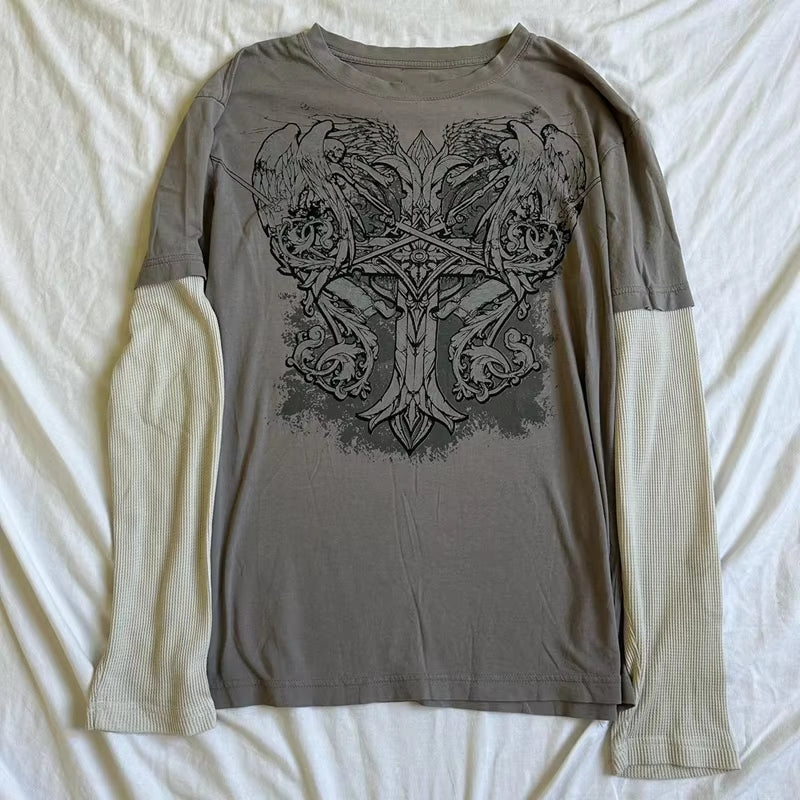 Long sleeve Y2K cyber grunge T-shirt for women with retro patchwork design, gothic style, and Harajuku-inspired details.