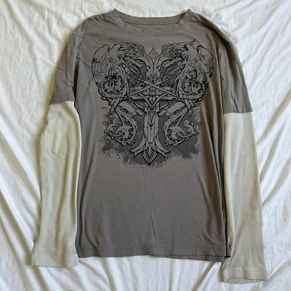 Long sleeve Y2K cyber grunge T-shirt for women with retro patchwork design, gothic style, and Harajuku-inspired details.